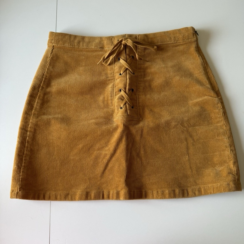 So Goods for‎ Life Women's Mini Skirt Mustard Yellow Corduroy Lace Up Size 5/27W